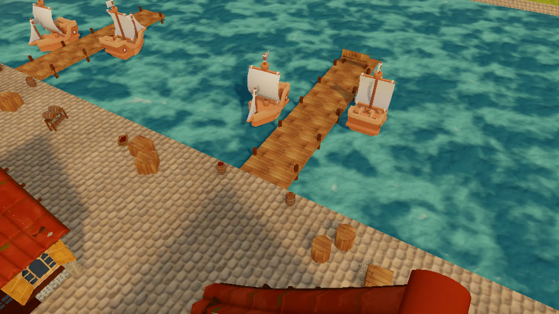 O rio largo e os barcos das docas, vistos do alto.